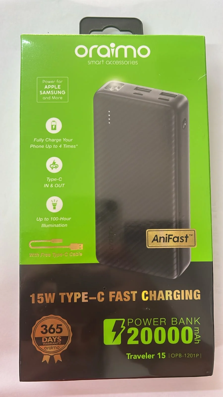 Power Bank Oraimo Traveler 15 de 20000mAh – Carga Rápida 15W USB-C