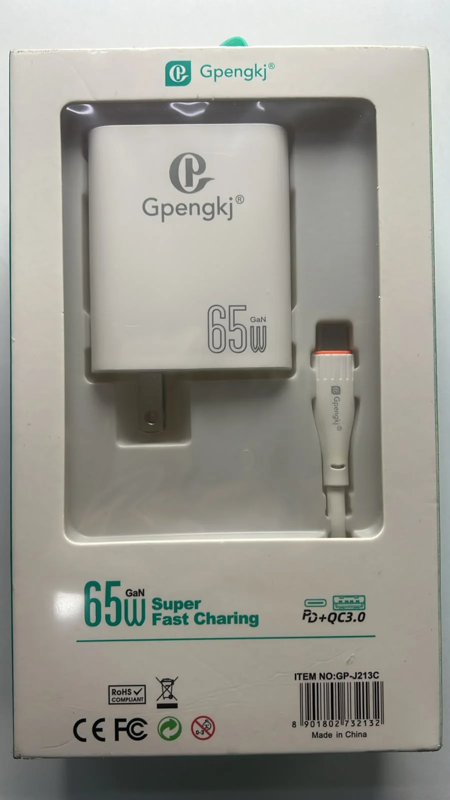 Cargador Gpengkj GaN 65W Carga Súper Rápida USB-C PD + QC 3.0 con Cable