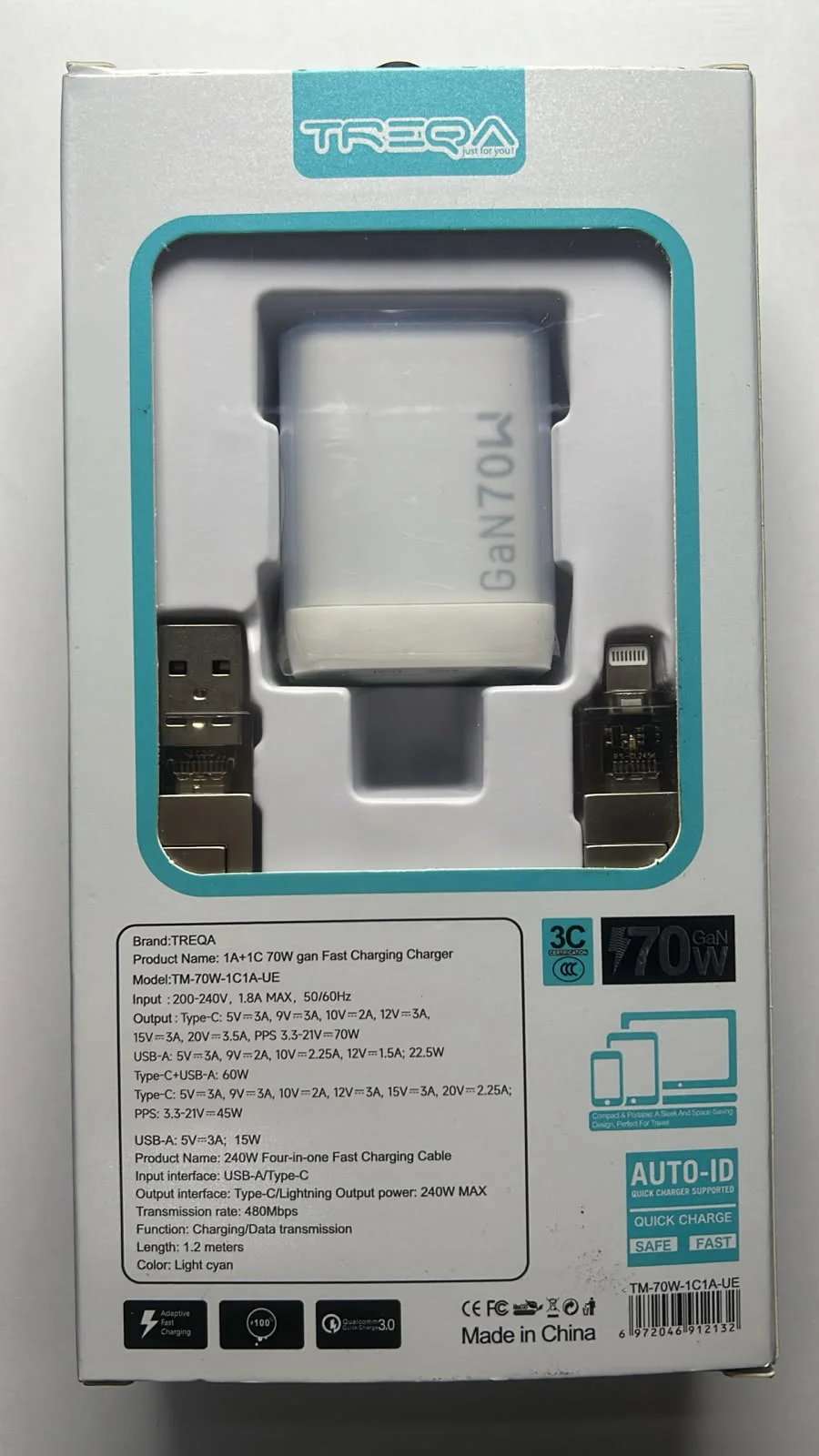 Cargador TREQA GaN 70W Carga Rápida USB-C + USB-A con Cable 4 en 1
