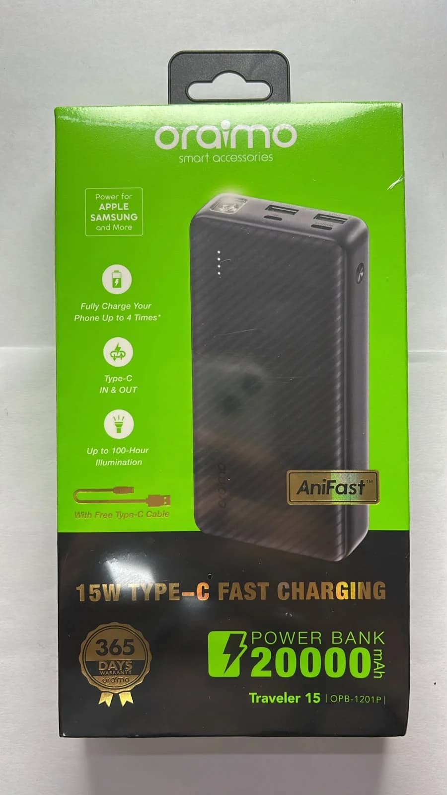 Power Bank Oraimo Traveler 15 de 20.000 mAh – Carga Rápida 15W USB-C
